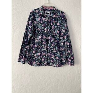 Talbots Petite Lg Floral Button Down Shirt Navy Blue Cotton Long Sleeve Blouse